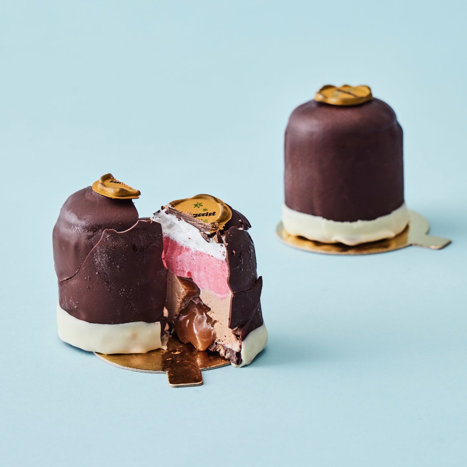 Ice Cream Bomb with Foam, Caramel, and Peanut & Raspberry Sorbet